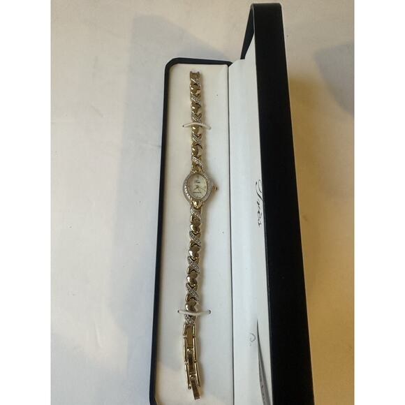 Tres Wrist Watch with Genuine Diamond Accents Gold Tone Hearts Design - Picture 2 of 7